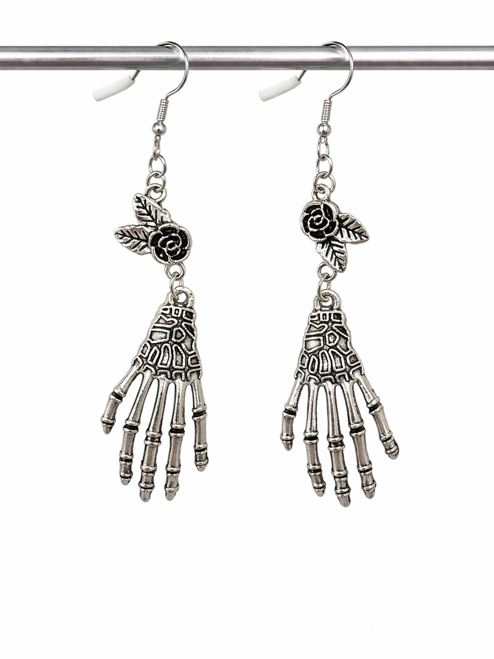 NEW Silver Skeleton Hand & Rose Dangle Earrings (0024)